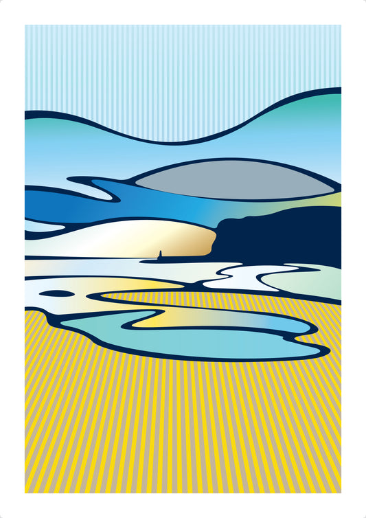 Graphic artwork print of sunrise in blue/yellow (size A3)