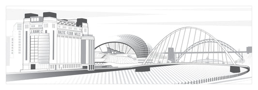 Graphic artwork print of Newcastle Quayside in grey (size 90x30 cm)