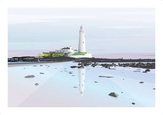 Graphic artwork print of St Mary's Lighthouse in Whitley Bay (size A3)