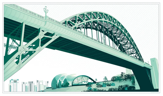 Graphic artwork print of the Newcastle Tyne Bridge with Sage and Baltic (size 70x50 cm)